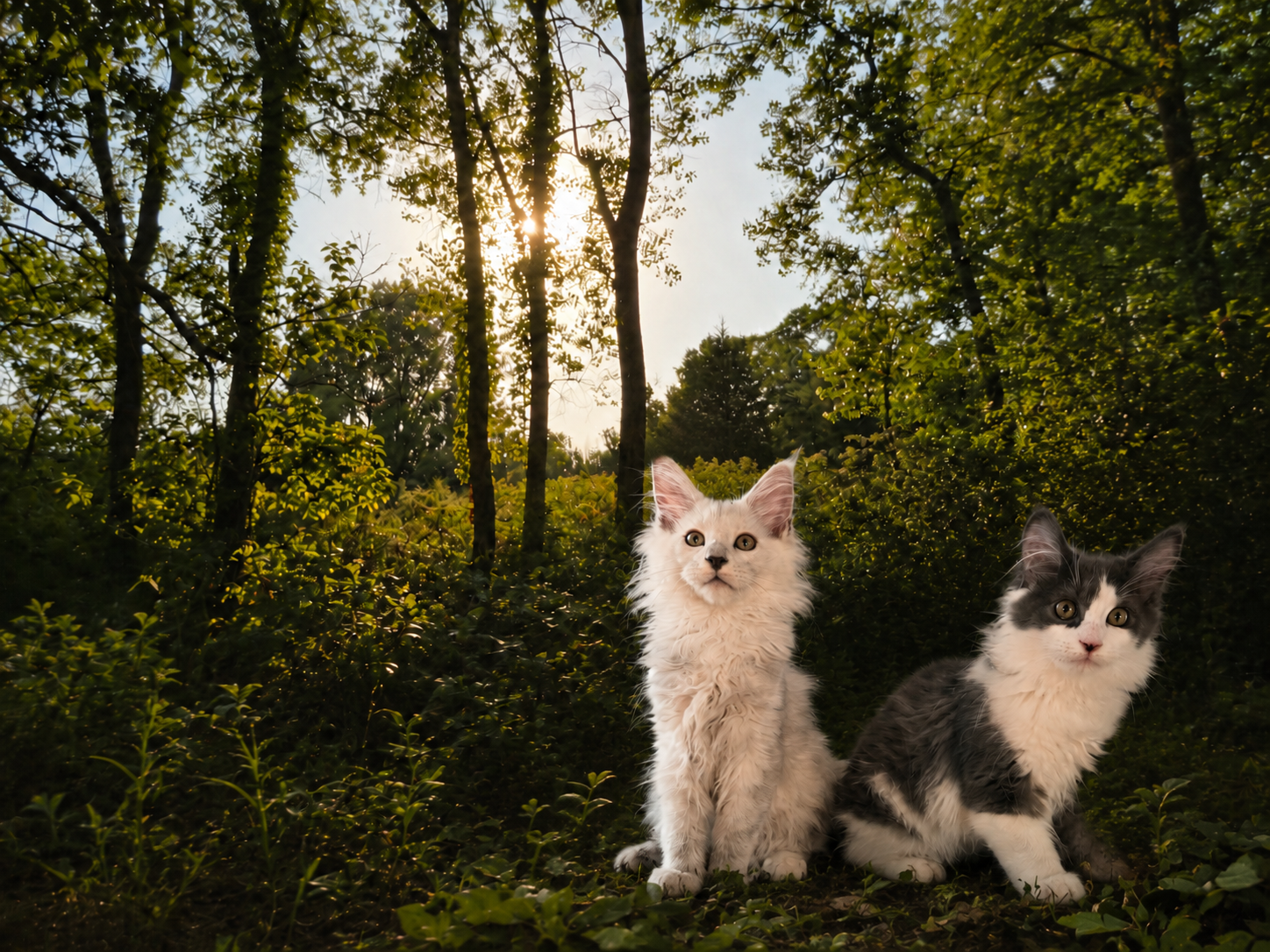 Fluffy Titans Maine Coons in the forest